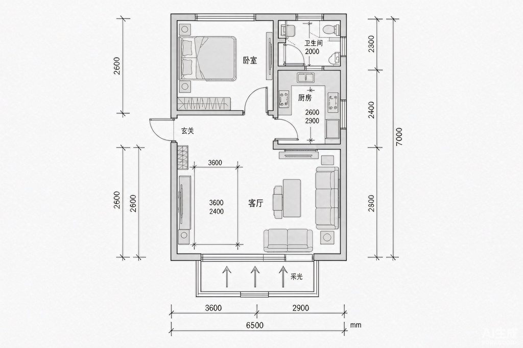 带卧室布局的一居室户型平面图