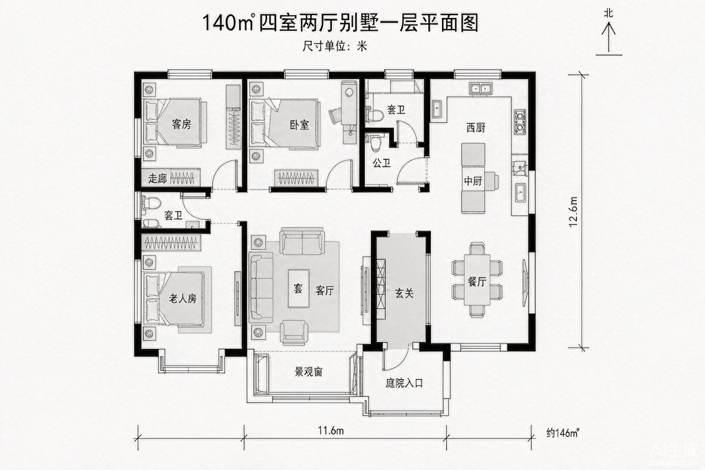带玄关的别墅一层户型平面图